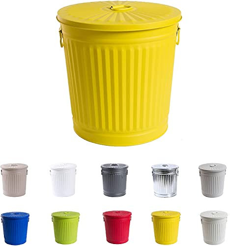Jinfa | Cubo de Basura de Metal galvanizado con Asas y Tapa | Amarillo | Diámetro Ø 21,5 cm - Altura 21,5 cm | Capacidad: 7 litros