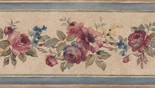 Rosa blühende Rosen beige Blumen Tapete Bordüre Retro Design, Rolle 15 'x 8,9 cm