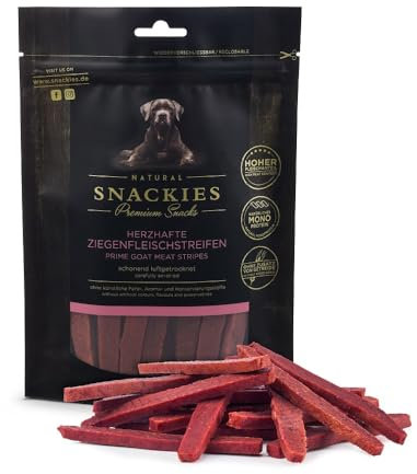 SNACKIES Herzhafte Ziegenfleischstreifen 170g Premium Snacks für Hunde, ohne Zusatz von Getreide, Zucker, Farb-, Aroma- und Konservierungsstoffe, schonend luftgetrocknete Leckerli