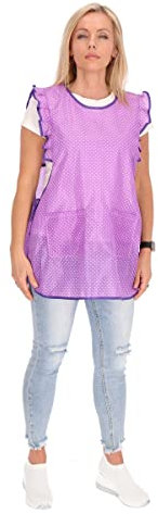 Chasuble Kasack Überwurf Schürze Dederon Nylon Nostalgie Rüsche Punkte, Größe:S, Farbe:lila mit weißen Punkten