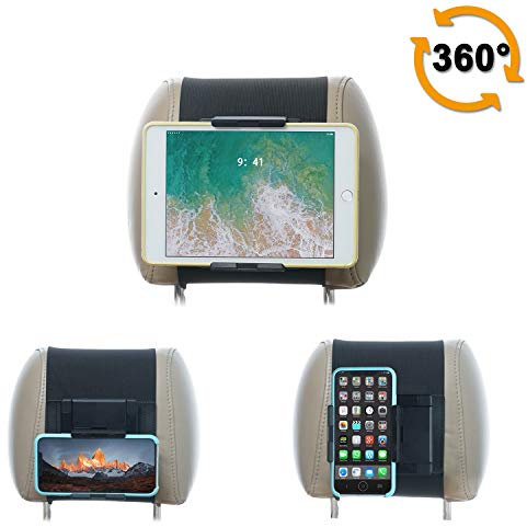 WANPOOL Soporte giratorio para reposacabezas de coche, para teléfonos y tabletas de 5 a 10.5 pulgadas, color negro