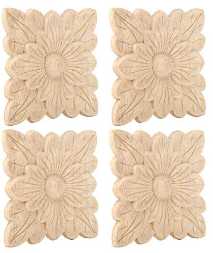 Mumusuki Decorazione Applique in Legno, 4 Pezzi Bellissimo Fiore Modello Intagliato Applique Mobili, Decorazioni in Legno per Porte, Mobili, Armadi, Pareti