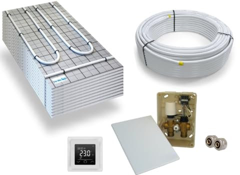 Warmwasser Tackerplatte Fußbodenheizung HoWaTech TAC Komplett Set 5/10m² Dämmplatte 20mm EPS WLG 045 DES und E-Regelbox WLAN Touch weiß, Heizfläche:5.00m²