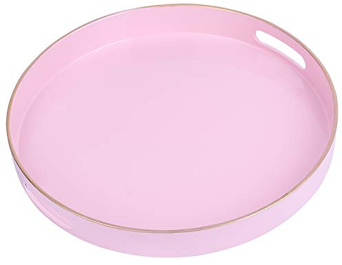 Simmer Stone Round Plastic one Decorative Tray, Round Plastic with Handles, Modern Vanity and Serving for Ottoman, Coffee Table, Kitchen and Bathroom, Size 13, Pink