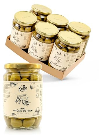 KoRo - Olive verdi bio con nocciolo 6 x 400 g - Senza conservanti - Gusto intenso e piccante - Barattolo grande ad un prezzo speciale