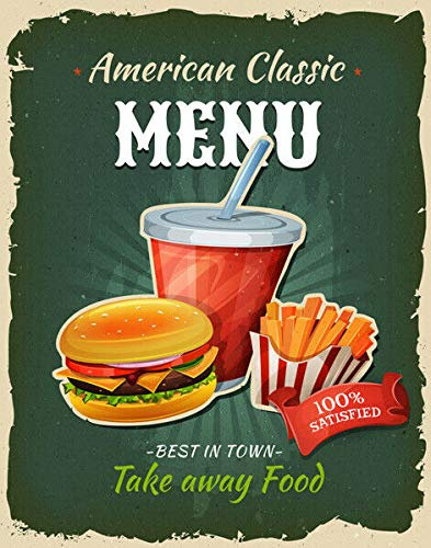 Fast Food Menu Vintage Metallschild Retro Schild Take Away Cafe Bar Bistro Blechschild 20,3 x 30,5 cm
