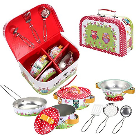 SOKA Animal Metal Kids Kitchen Set with Carry Case - 10 Pcs Illustrated Colourful Design Pretend Role Play Toy Pots and Pans Set Toy Kitchen Accessories for Children Boys Girls