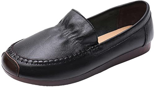 Jamron Mujer Piel Genuina Mocasines Anchos Bailarinas Suela Blanda Ligero Cómodo Zapatos para Caminar sin Cordones Negro EU37