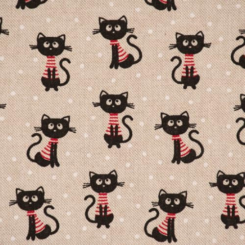 SCHÖNER LEBEN. Dekostoff Halbpanama Leinenlook Sweet Cats Katzen Natur schwarz 1,40m