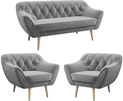 MKS MEBLE Sofa Grau - Moderne Sofa Set 3+1+1 - Skandinavische Deko Polstersofa - Pirs Zwei Sessles und Loungesofa - Fünf Personen Grau
