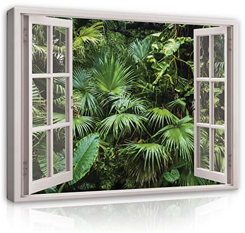 Leinwand Bilder Fensterbilck Dschungel Wald Pflanzen Natur Landschaft Modern Canvas Leinwandbild Fenster Küche Schlafzimmer Wohnzimmer Wandbilder Wand Bild auf Leinwand Aufhängefertig (80x60 cm)