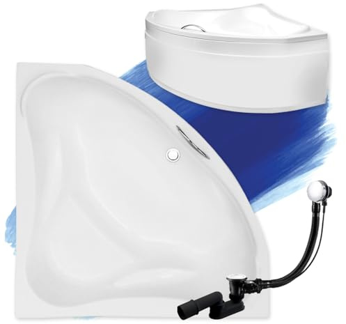 BADLAND Badewanne Original Weiß Acryl Wanne Eckbadewanne EWA 134x134 KOMPLETTSET SET mit Weiß Acrylschürze + Füßen und Exklusive Chrom Automatik Ablaufgarnitur Made in EU 4in1