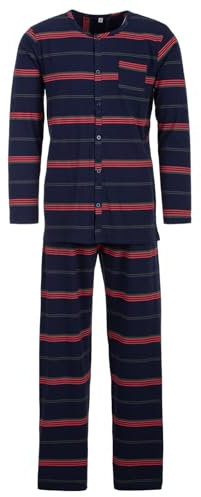 Lucky Herren Pyjama Streifen Muster Langarm Schlafanzug Baumwolle durchgeknöpft M-2XL, Farbe:Navy, Größe:XXL