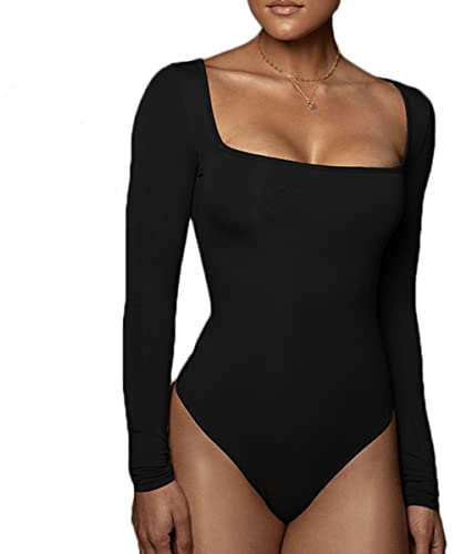 Buliezy Body Dame Langarm Bodysuits mit Elegant Slimming Jumpsuit Stringbody Dünnes Vlies Warm Unterhemden,Schwarz,XL