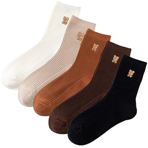 Xhonp 5 Paar Damensocken, niedliches Cartoon-Tier-Knöchel-Stickerei, Bär, lässig für Damen, Farbe C, Einheitsgröße