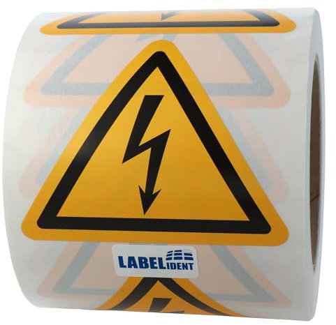 Warnaufkleber W012 - Warnung gefährliche elektrische Spannung - Seitenlänge: 100 mm - 1.000 selbstklebende Warnzeichen 1 Rolle(n), Polyethylen