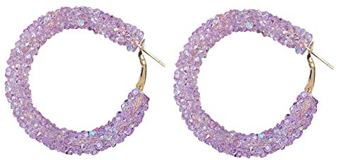 Women Earrings Bohemian Shiny Glitter Sequins Hoop Earrings Wrapped Gold Plated Circle Statement Rhinestone Dangle Drop Earrings For Women Girls Boho Large (Purple, One Size)