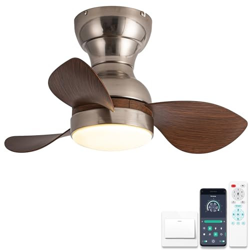 ycwdcz 22inch Mini Ceiling Fan with Lights and Remote, Small Ceiling Fans with Lamps, Reversible Summer Winter Mode 6 Speed Silent DC Motor, for Bedroom Kids Room, Silver+Brown-Woodgrain