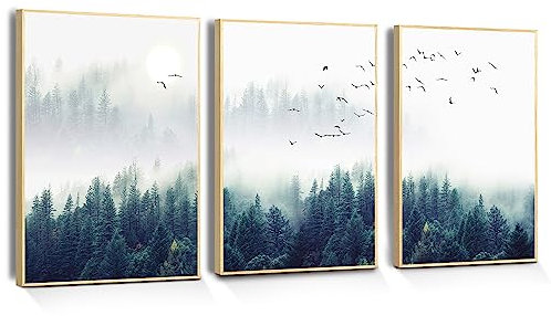 hyidecorart Nebelwald Bilder Mit Rahmen Holz, Leinwand Wald und Vögel im Nebel Modern Kunstdruck Wanddeko Wandbilder Wohnzimmer Schlafzimmer Küche Esszimmer und Badezimmer