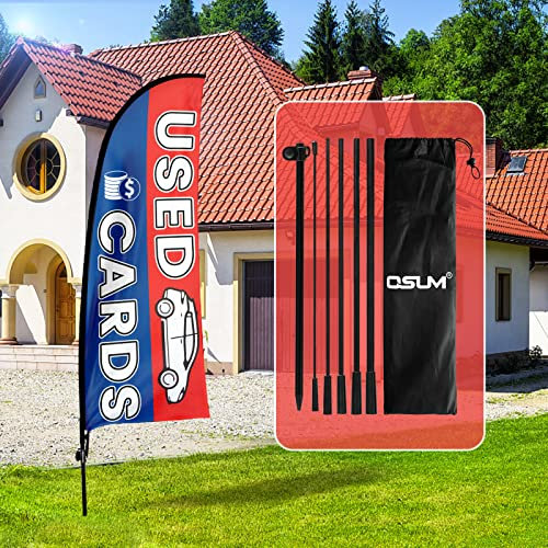 QSUM Drapeau de voitures d'occasion, 2,1 m, drapeau publicitaire pour voitures d'occasion avec kit de mât, piquet de sol, panneaux de voitures d'occasion pour entreprises et vitrines