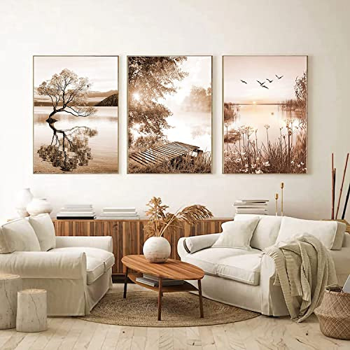 Moderne Kunst Poster Set, Beige Baum See Kunst Druck Poster, Schlafzimmer, Wohnzimmer, Korridor, Restaurant Hintergrund Wand Dekoration Poster Bild, Grenzlos (40x60cm*3)