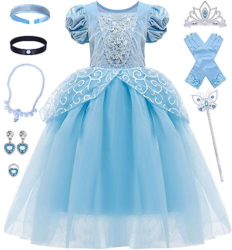 Tacobear Cinderella Kleid Mädchen Cinderella Kostüm Kinder Prinzessin Kleid Mädchen Prinzessin Kostüm mit Krone Handschuhe Verkleidung für Geburtstag Party Weihnachten Halloween Karneval (120)