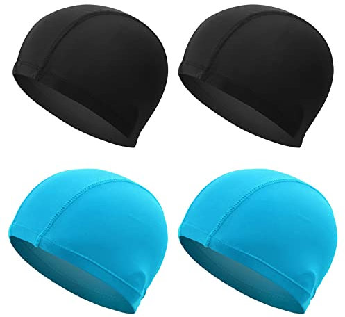 NITAIUN 4 Pezzi Cuffia da Nuoto Elastica Unisex - Comoda e Leggera, Tessuto Poliestere, Blu e Nero, Taglia Unica