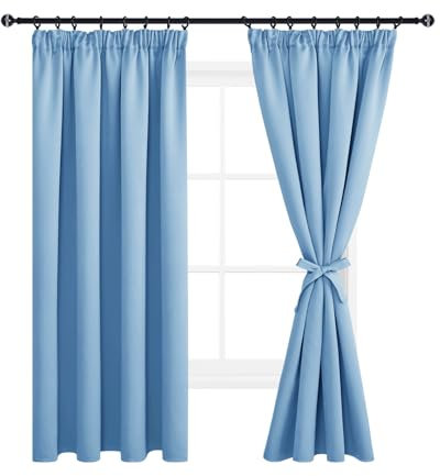 DWCN Gardinen für Schienensystem Vorhänge Blickdicht mit Vorhang-Krawatten, Vorhänge Kinderzimmer Gardinen Kurz Verdunkelungsgardinen für Schlafzimmer Küche, 137x117cm(HöhexBreite), Hell Blau, 2er Set