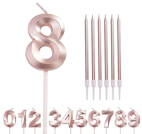 Rose Gold 8th Birthday Candle Number 8 with Long Candles, Age 8 Birthday Candle for Cake Topper Decorations, Rose Pink