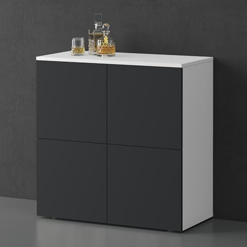 doporro Kommode 76cm Sideboard 4 Türen Push-to-Open grifflos | Sideboard Wohnzimmer, 4 Stauräume, verstellbare Füße, Flurschrank, Weiß matt und Anthrazit matt, BTH:76x36,4x74cm, Schrank04