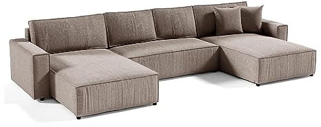 Mars Meble Ecksofa Parys U Eckcouch mit Schlaffunktion und Bettkasten U-Form Polsterecke aus Cord-Bezug 390 cm Ecke u-förmig, Farbe: Cappucino, Poso 02