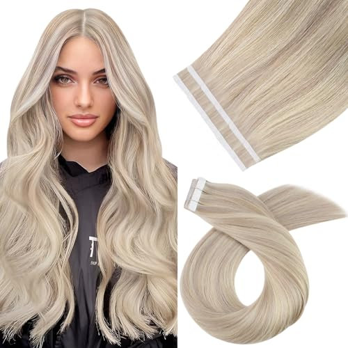 Moresoo Tape in Extensions Echthaar Blond 35 cm Haarverlängerung Echthaar Tapes in Aschblond mit Bleichblond Extensions Echthaar Tape Blond Tape Extensions Echthaar Remy #18/613 10 Stück/20g