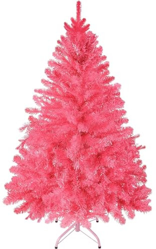 Pinetto Floccato FUXIA 120h cm Albero di Natale DELUXE ROSA, PP+PVC Pino con 2 tipologie di rami, Alberello Artificiale con Base in Metallo Rami Floccate Bianco e Dorato FUCSIA (150 cm - 380 punte)