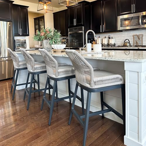 PURPLE LEAF Barhocker 2er Set, Aluminium Barstühle mit Rückenlehne, Outdoor-Tresenhocker Rattan, Mit Gepolsterte Sitze, Böhmischer Stil, für Bar, Cafés, Küchen, Anthrazit