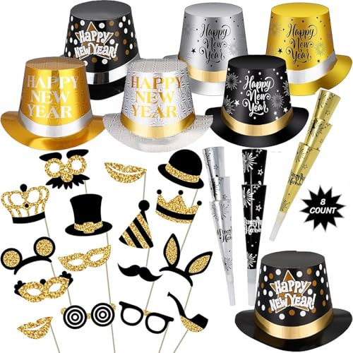ZYDNANYANG Neujahr 2026 Partyhut Neujahr Silvester,7 Stück Partyhüte,16 Stück Dreieckiger photobooth props,12 Frohes Neues blower up horns