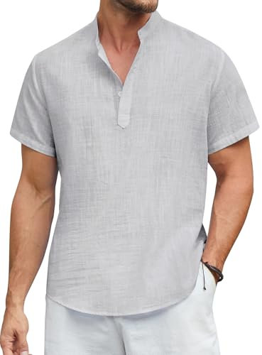 Enlision Linen Collarless Shirts for Men Casual Cotton Short Sleeve Light Gray Henley Shirts Button Down Summer Holiday Lightweight Shirt Tops M