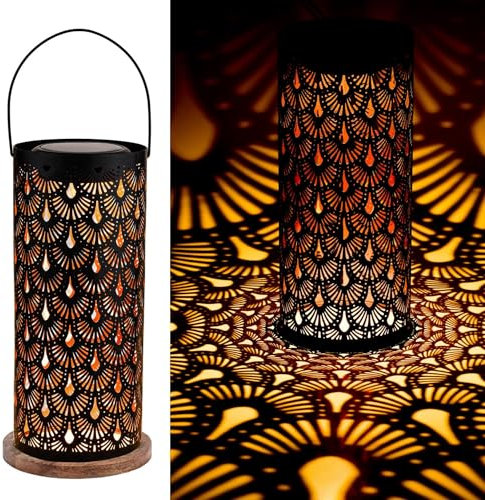 Marrakesch Solarlaterne für außen mit Henkel aus Metall & Holz 30cm Groß | Orientalische Outdoor Solar LED Laterne Fava Schwarz IP65 Wasserdicht als Gartendeko Deko