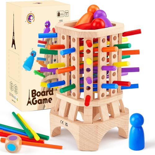 Montessori Spiel Brettspiel aus Holz, Eiffelturm Würfelspiel mit Stäben und Würfel, Spielzeug ab 3 4 5 6 Jahren Jungen Mädchen, Kinder Feinmotorik Spiele Familienspiel Gesellschaftsspiel für 3-8