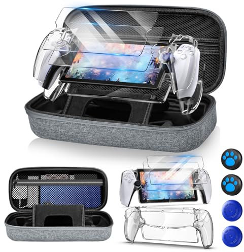 Auarte 12 in 1 Tasche für Playstation Portal, Portable Reisetasche Zubehör für PS5 Portal Remote Player mit Klarsichthülle, 2 Displayschutzfolien mit 4 Daumengriffen, Helles Grau