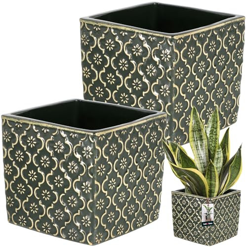 KOTARBAU® 2 x Pot De Fleurs Carré Vert Foncé Vintage De 13x13 cm en Céramique Émaillée|Pot en Céramique Vert Foncé|Cache-Fleur en Céramique Émaillée|Pot De Fleurs avec Finition Brillante