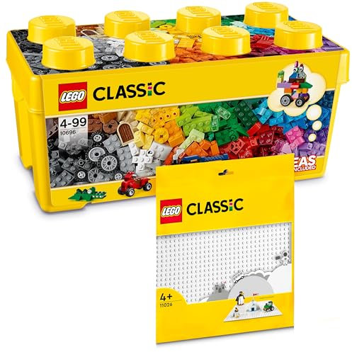 Lego Classic Building Blocks Box Medium + White Plate: Storage Boxes & Plates Bundle, Stone Box with Building Plate for Children from 4 Years - Starter Set Combi