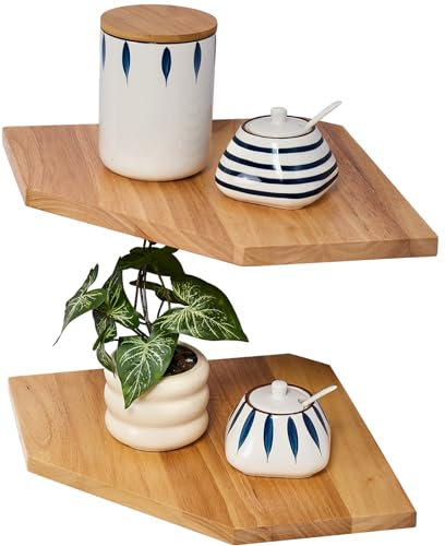 Gieanoo Eckregal Hängend, 2er-Set Eiche Massivholz Eckregal Wandregal Holz Vintage Landhausstil Regal für Schlafzimmer Wohnzimmer Diamantform mit Drahtloch 28.5CM