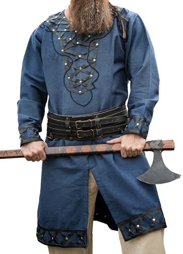 Leonardo Carbone® Wikinger Tunika Erik ? Mittelalter Kleidung Herren, Freizeithemden Kurzarm, Karneval Kostüm, Wikinger Tunika, LARP-Kleidung - 100% Baumwolle mit Leder Applikationen Dunkelblau S
