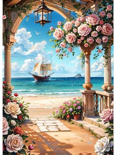 QINRUBB Meerblick Diamond Painting Erwachsene, 5D Blumen Diamant Painting Bilder Anfänger, DIY Segelboot Runder Vollbohrer Diamanten Malerei Stickerei Kreuzstich Geschenke Home Wand Dekor 30x40cm