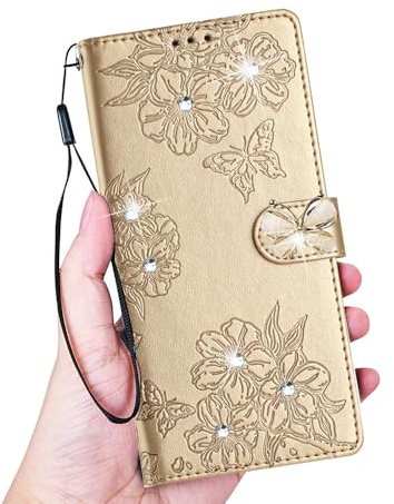 EuoDuo Kompatibel mit Samsung Galaxy A50 Hülle PU Leder Handyhülle Klappbar Handytasche Glitzer Schmetterling Elegant Flip Tasche Etui Schutzhülle Cover - Gold