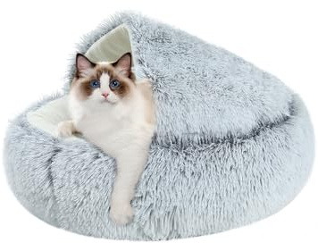 CUEMOON Flauschiges Katzenbett, rund, weiches Plüsch, Kleine Hunde und Katzen Haustierbett Waschbar rutschfest Hundebetten Lang Plüsch Verdicktes Warmes Hundekorb, Schlafkissen, rutschfest, Grau