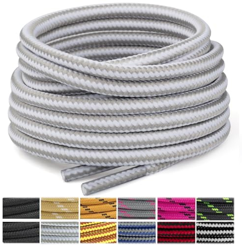 Stepace Lacets Ronds pour Bottes [2 Paires] Lacets Renforcés et Résistants pour Bottines, Chaussures de Randonnée, Chaussures de Travail Gray White-70(Stripe)