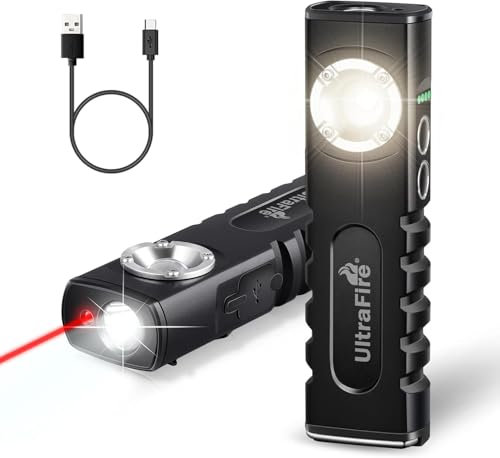 UltraFire Wiederaufladbare LED Arbeitsleuchte 350 Lumen Taktische Taschenlampe, Flache LED Taschenlampe mit Rotem Strahl, 3 Modi Arbeitslicht mit Magneten und Clip, für Arbeiten, Autoreparature