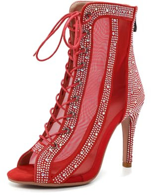 YCALCP Stivali da Ballo Latino Americano Donna Punta Aperta con Strass Professionali Salsa Tango Scarpe da Ballo Rosso, 37 EU