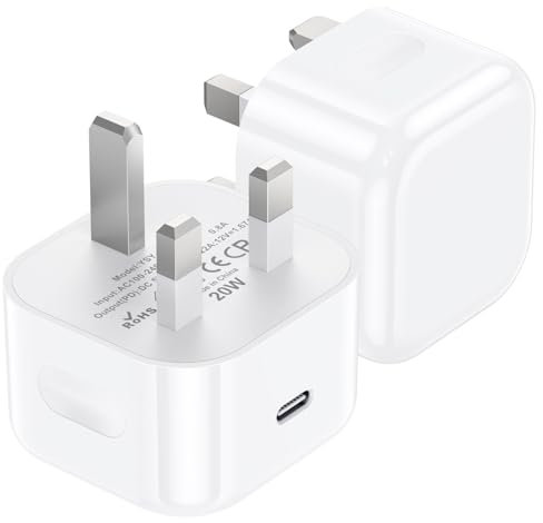 2 Pack USB C Plug, KRSEUB 20W USB C Fast Plug Adaptor Charge Compatible with Apple iPhone 16/16 Plus/15/14/13/12/11Pro/Pro Max/XS Max/XS/XR/X/SE 2022/10/iPad/AirPods, Fast Charger USBC Plug UK Adapter